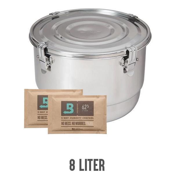 The CVault Humidity Control Airtight Metal Smell Proof Container by CVault is shown with two 62% humidity control packets and has an 8-liter capacity with a locking lid.